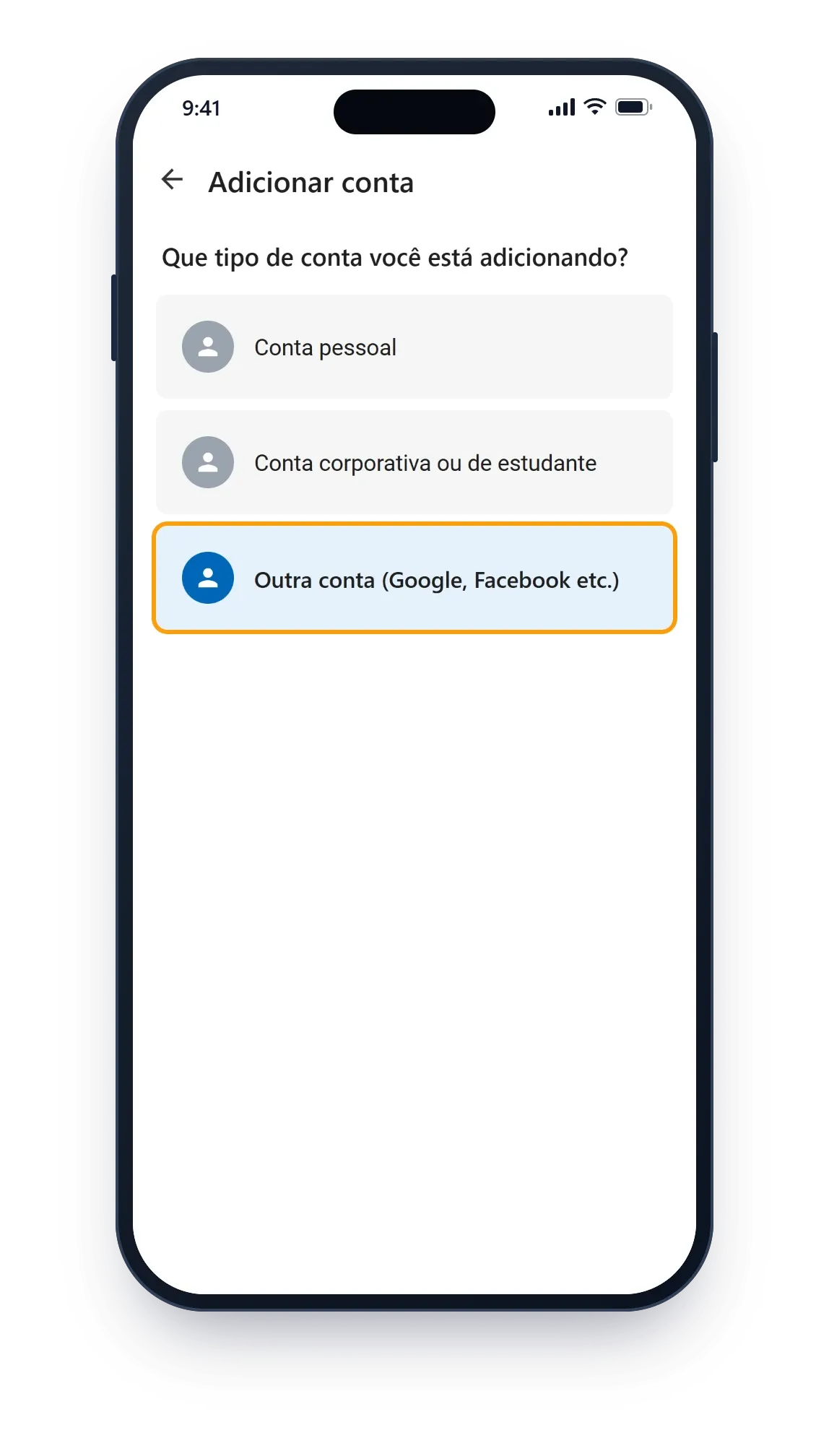 Escolher o tipo de conta (ilustração)