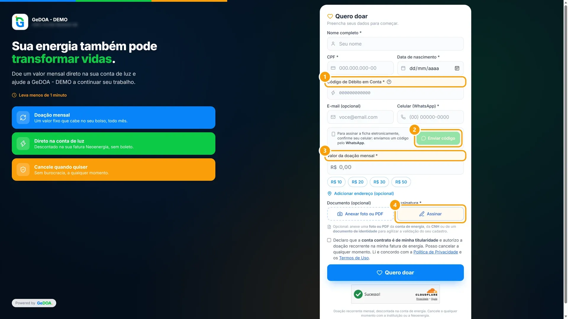 Página de cadastro do doador