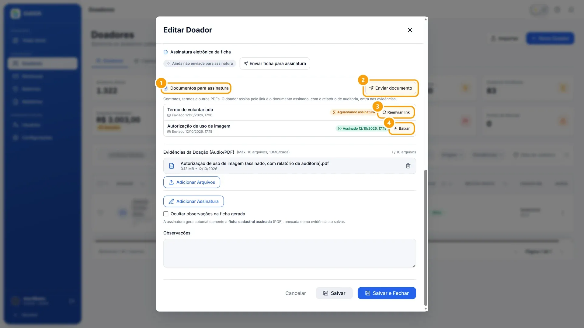 Documentos para assinatura no cadastro