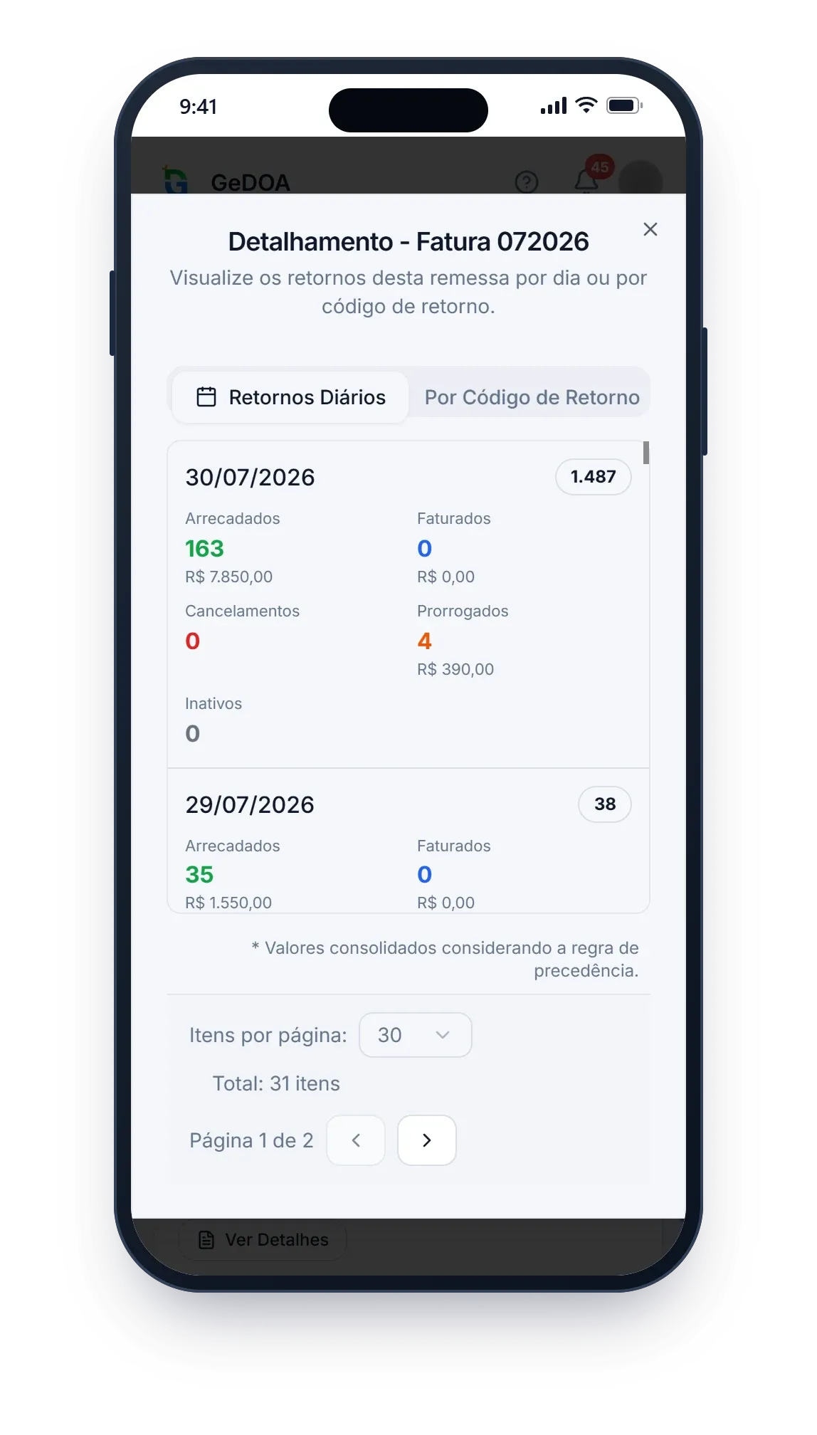 Detalhe do retorno