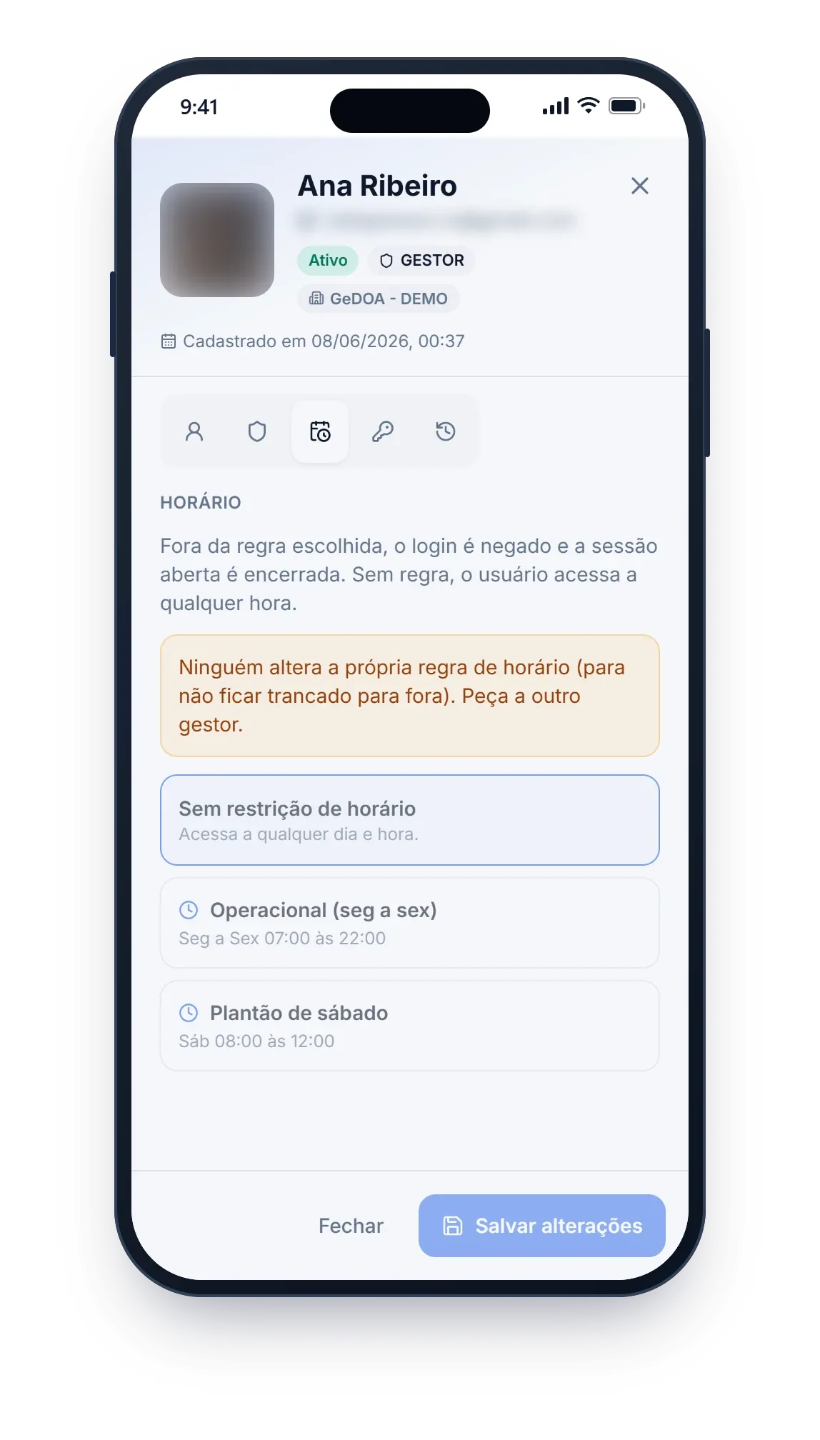 Aba Horário do usuário