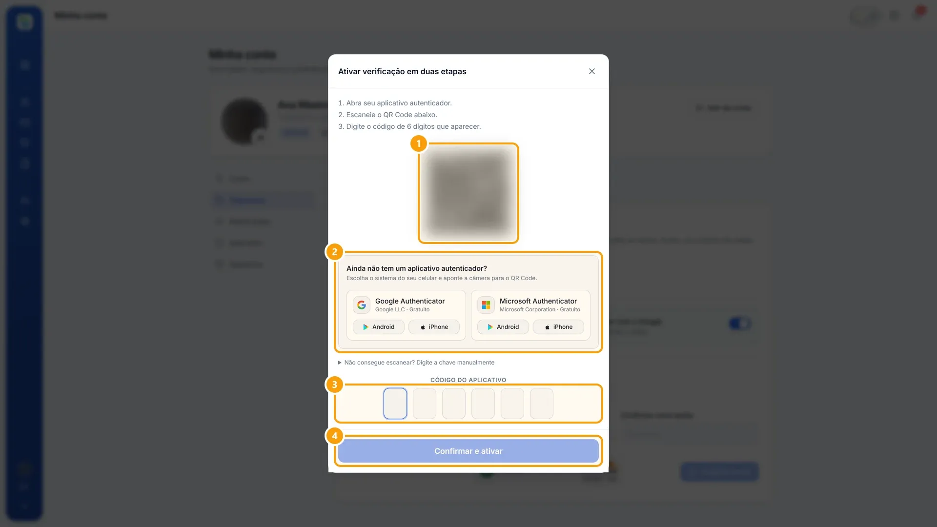 Ativar a verificação em duas etapas